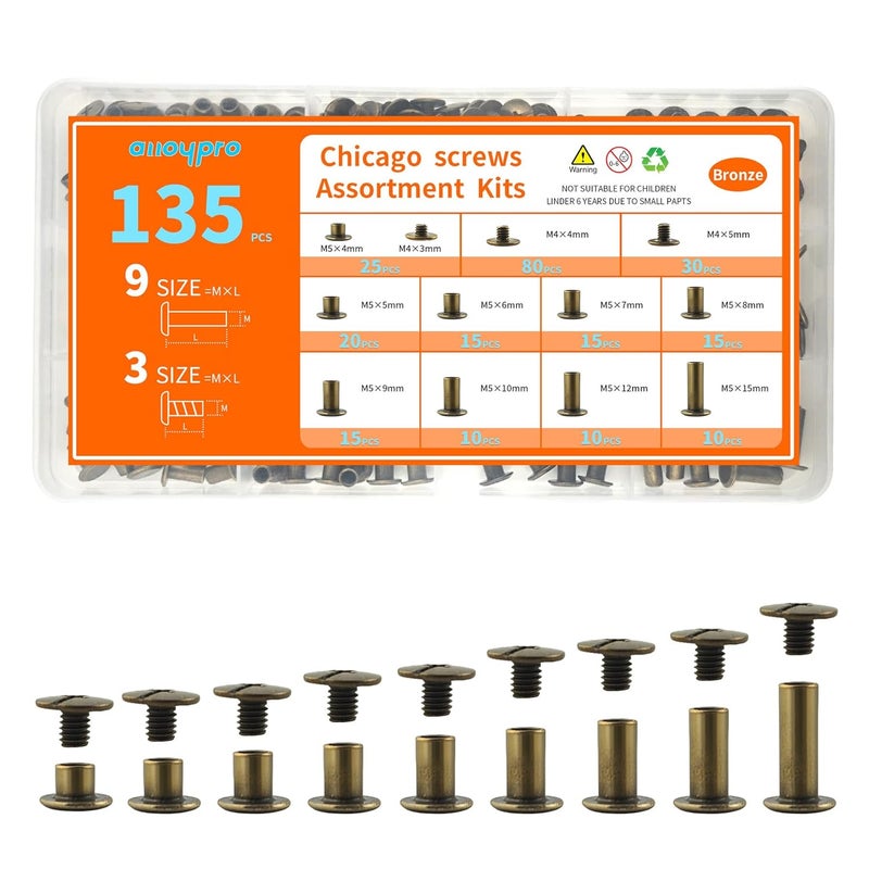 ALLOYPRO 135 Sets Bronze Chicago Screws Leather Rivets Kit, 9 Sizes (M5*4,5,6,7,8,9,10,12,15) & 3 Screw Lengths (M4*3,4,5) Chicago Binding Screws, for Leather Craft, Bookbinding - Image 1